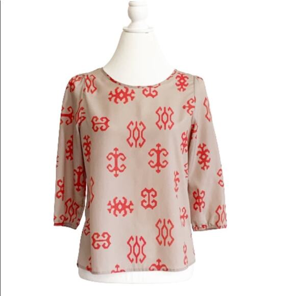 Gianni Bini Blouse Taupe Orange Tangerine Print Blouse Top Size Medium - Picture 9 of 9